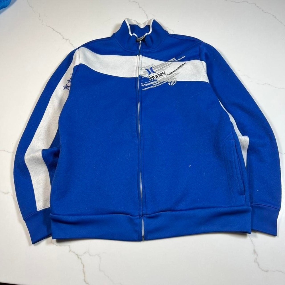 Hurley Track Jacket Mens Blue White Y2K Freedom Company Full Zip Star Sleeve